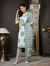 Women's White Ethnic Motif Printed Cotton Straight Kurta Pant Dupatta Set-KPDWHITEJALORI